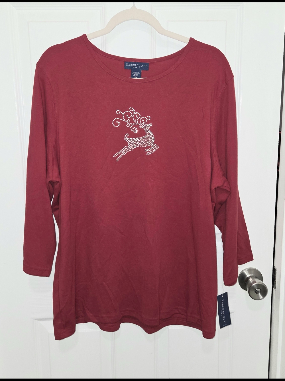 Karen Scott Red Reindeer Rhinestone Crew Neck 3/4 Sleeve Knit Cotton Tee 2X NWT.